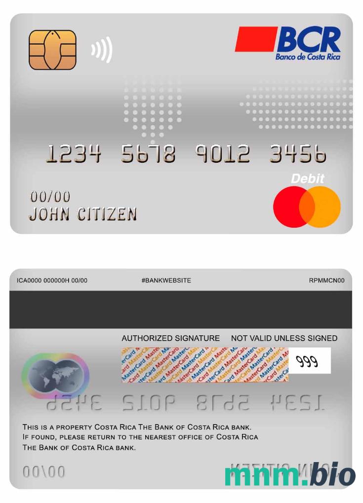 Costa Rica The Bank of Costa Rica bank master debet karta przykład w formacie PSD
